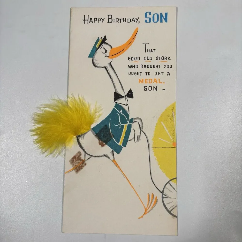 Vintage Cartoon Stork Happy Birthday Son Greeting Card Anthropomorphic Decor Art